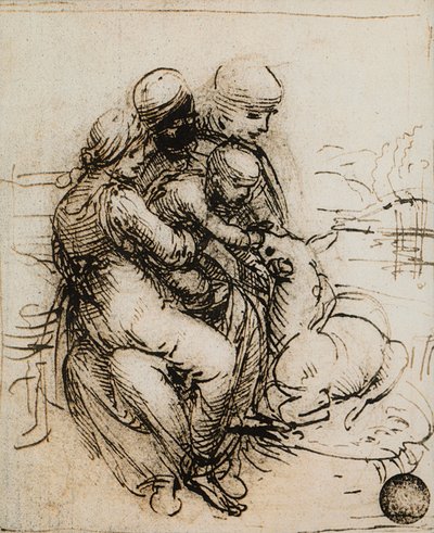 Eerste idee voor de Madonna en Kind en Sint Anna; tekening door Leonardo da Vinci. Gallerie dell