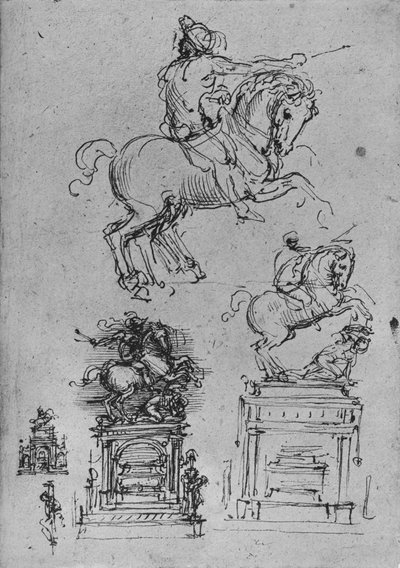 Vier studies voor een ruitermonument, ca. 1480 door Leonardo da Vinci