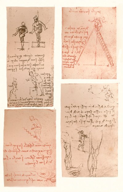 Vier tekeningen die de theorie van de bewegingen van het menselijk figuur illustreren door Leonardo da Vinci