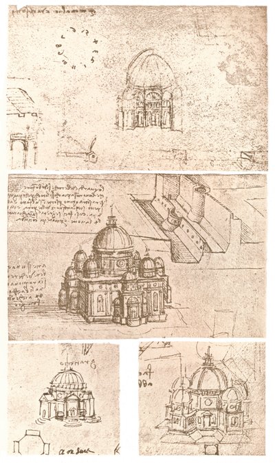 Vier tekeningen van kerkelijke architectuur, c1472-c1519 1883 door Leonardo da Vinci