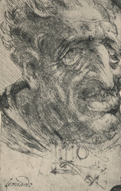 Groteske kop van een man driekwart naar rechts gedraaid, ca. 1480 1945 door Leonardo da Vinci