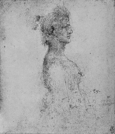 Halflengte van een jonge vrouw in profiel naar rechts, ca. 1480 1945 door Leonardo da Vinci