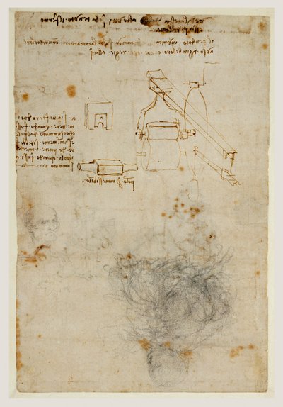 Hoofd van een oude man en studies van machines door Leonardo da Vinci
