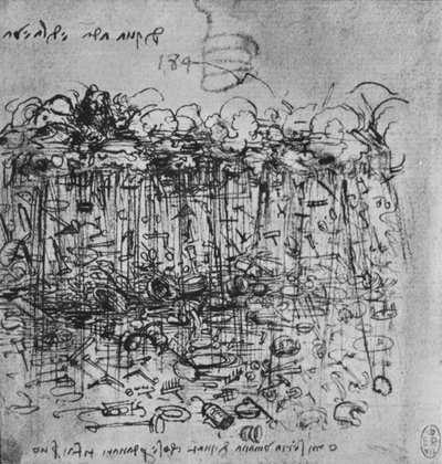 Gereedschappen regenden neer op de aarde vanuit de wolken, ca. 1480-1945 door Leonardo da Vinci