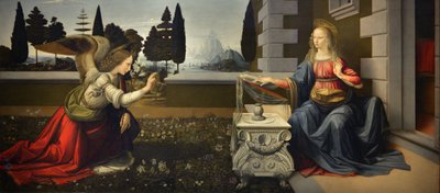 Italië Toscane Florence, Uffizi Galerij: De Annunciatie, schilderij door Leonardo da Vinci (1452-1519), ca. 1472-1475, 98x217 cm door Leonardo da Vinci