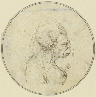 Karikatuur van een oude vrouw, borstbeeld met een roos op de borst, in profiel naar rechts door Leonardo da Vinci