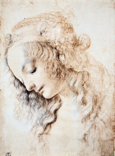 Portret van een meisje met gesloten ogen en hoofd naar beneden met haar haar versierd met een band verrijkt met sieraden (Immagina) door Leonardo da Vinci