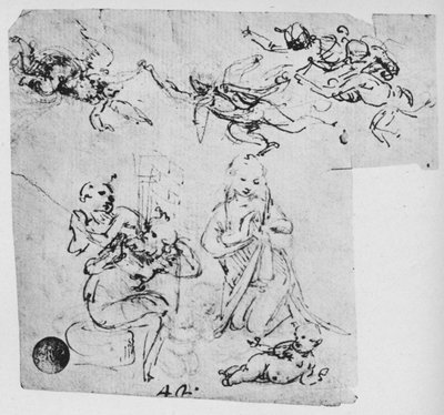 Madonna die het Christuskind aanbidt en andere figuren, ca. 1480 1945 door Leonardo da Vinci