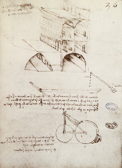 Manuscript B, f 36 r Architecturale studies, ontwikkeling en secties van gebouwen in stad met verhoogde straten door Leonardo da Vinci