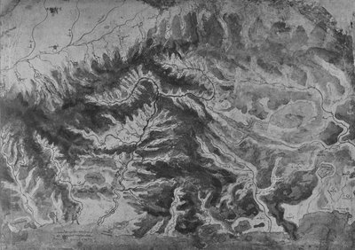 Kaart van Noord-Italië, met de waterscheiding van de Arno, c1480 1945 door Leonardo da Vinci