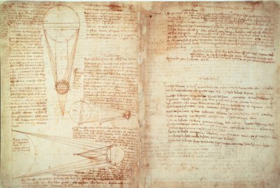 Notities en twee diagrammen over de relatie van aarde en maan tot de zon door Leonardo da Vinci