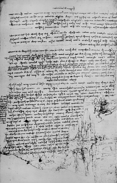 Pagina met tekst en schetsen van landschap, ca. 1480 door Leonardo da Vinci
