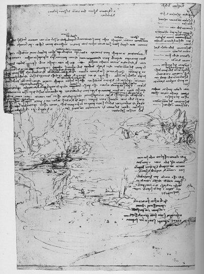 Pagina met tekst en schetsen van landschap, ca. 1480 door Leonardo da Vinci