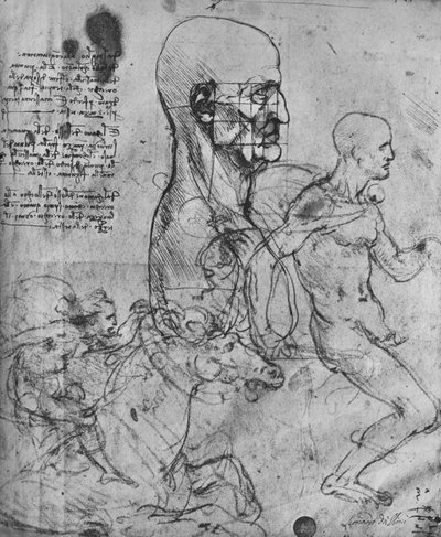Profiel van een man vierkant voor proportie en studies van ruiters, ca. 1480, 1945 door Leonardo da Vinci