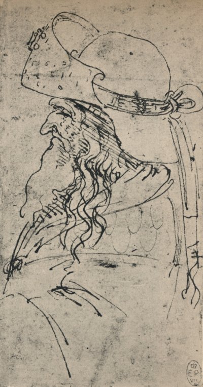 Profiel naar links van een oude man met een grote hoed, ca. 1480 door Leonardo da Vinci