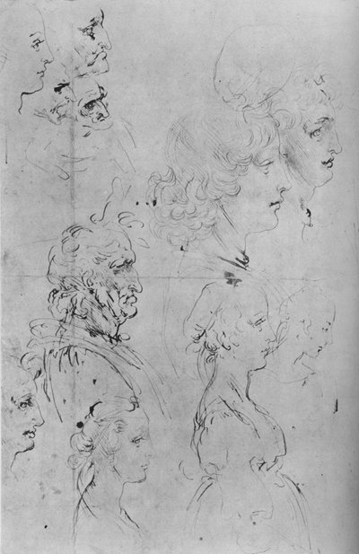Profielen van mannen en half-lengte van een meisje, ca. 1490 1945 door Leonardo da Vinci