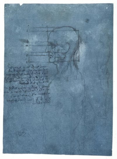 Proportiestudie van een mannelijk hoofd in profiel door Leonardo da Vinci