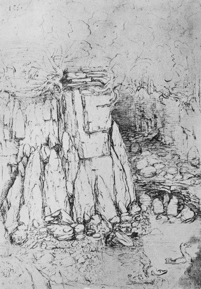 Rotsen en stroom door Leonardo da Vinci