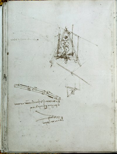 Wetenschap en technologie: manuscript over vliegmachines, voorloper van de helikopter. Boek van Leonardo da Vinci (1452-1519). Rond 1487. Parijs, Bibliotheek van het Institut de France door Leonardo da Vinci