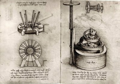 Studies over mechanica; rechts veer van een klok door Leonardo da Vinci