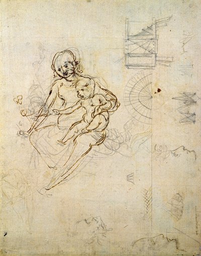 Studies voor een Madonna en Kind en van hoofden in profiel en machines, c.1478-80 door Leonardo da Vinci