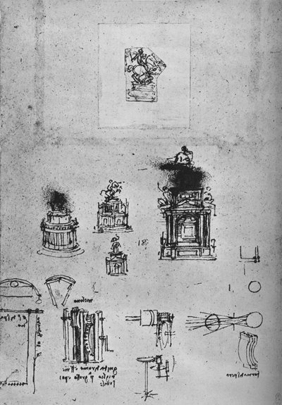 Studies voor een ruitermonument en studies van machines, ca. 1480 1945 door Leonardo da Vinci