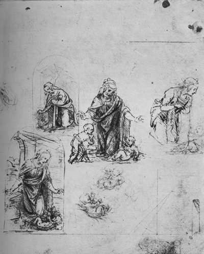 Studies voor de Maagd die het Kind Christus aanbidt, circa 1480 1945 door Leonardo da Vinci