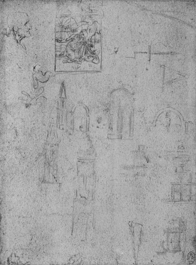 Studies van architectuur en van een Maagd die het Kind Christus aanbidt, ca. 1480 1945 door Leonardo da Vinci