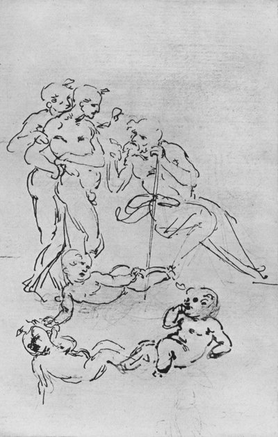 Studies van figuren en putti voor een aanbidding, ca. 1481 door Leonardo da Vinci