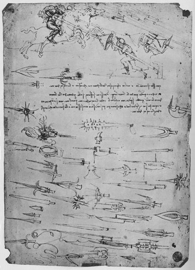 Studies van voetsoldaten die ruiters aanvallen met lansen en schilden, ca. 1480, 1945 door Leonardo da Vinci