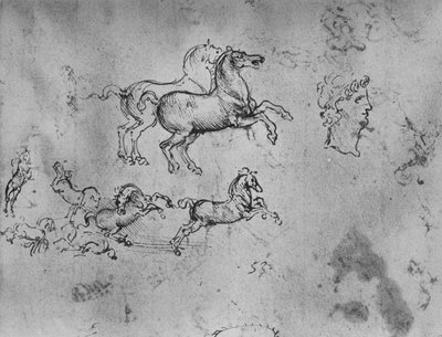 Studies van galopperende paarden en een hoofd, ca. 1480 1945 door Leonardo da Vinci