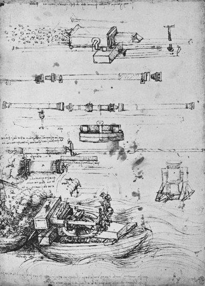 Studies van mortieren, een schietend vanaf een boot, en van kanonnen, c1480 1945 door Leonardo da Vinci