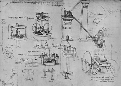 Studies van zuigpompen, Archimedes-buizen, enz., ca. 1480, 1945 door Leonardo da Vinci