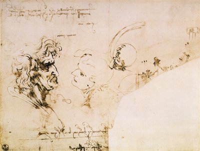 Studie van Twee Hoofden in Profiel en Studies van Machines door Leonardo da Vinci