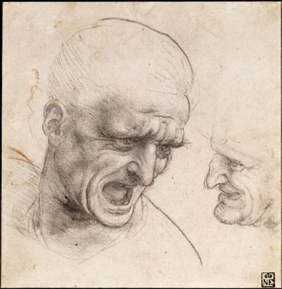 Studie van twee krijgershoofden voor de Slag bij Anghiari, 1504-05 door Leonardo da Vinci