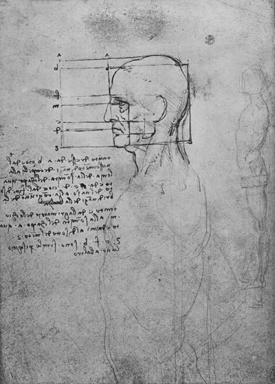 Studie van een mannelijk naakt torso, het hoofd in verhouding geschaald, ca. 1480 door Leonardo da Vinci