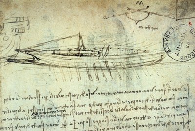 Studie van een boot uitgerust met een reeks roeispanen door Leonardo da Vinci (1452-1519). Tekening met pen en inkt. Manuscript. Bibliotheek van het Institut de France. Parijs door Leonardo da Vinci