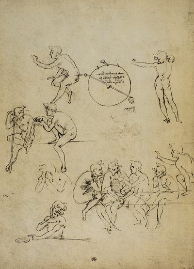 Studie van menselijke figuren in verschillende posities door Leonardo da Vinci