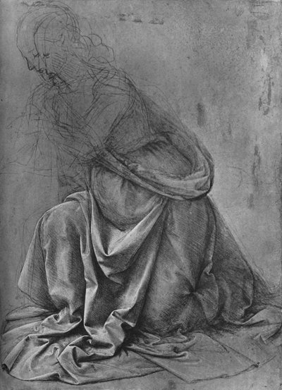 Studie van de draperie van een knielende vrouw naar links, ca. 1477 door Leonardo da Vinci