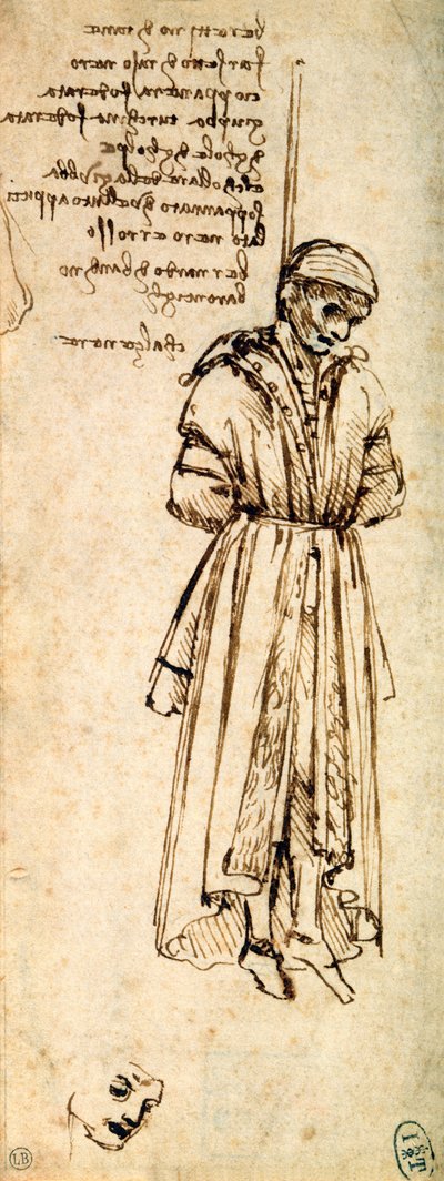 Studie van de gehangene Bernardo di Bandino Baroncelli, moordenaar van Giuliano de Medici, 1479 door Leonardo da Vinci
