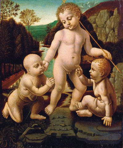 Het Christuskind met de jonge Sint Jan de Doper met een onbekend mannelijk kind door Leonardo da Vinci