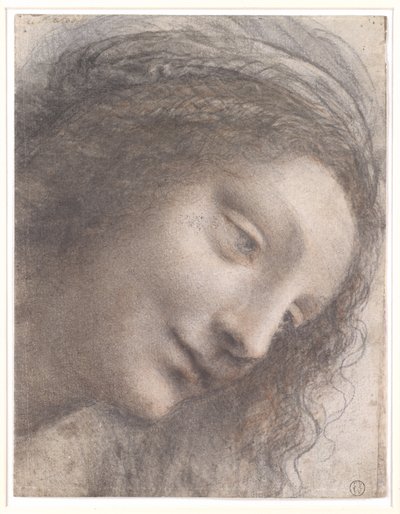 Het hoofd van de Maagd in driekwartprofiel, naar rechts gekeerd door Leonardo da Vinci