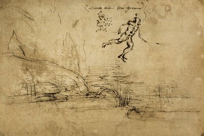 De achterkant van een landschapstekening met de figuur van een soldaat door Leonardo da Vinci