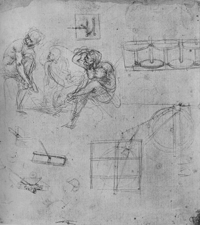 Drie zittende figuren en studies van machines, 1480-1481, 1945 door Leonardo da Vinci
