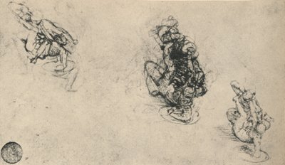 Drie studies van een man die een gevallen vijand neerstak, ca. 1480 door Leonardo da Vinci