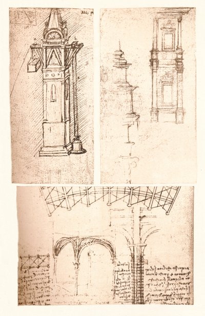 Drie architecturale tekeningen, ca. 1472-ca. 1519, 1883 door Leonardo da Vinci