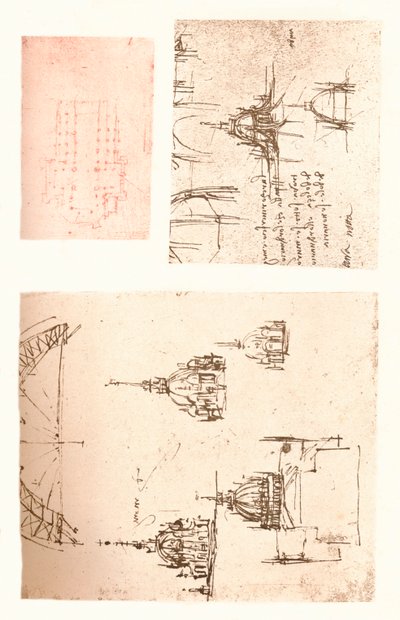 Drie tekeningen van de kathedraal van Milaan, ca. 1472-ca. 1519, 1883 door Leonardo da Vinci