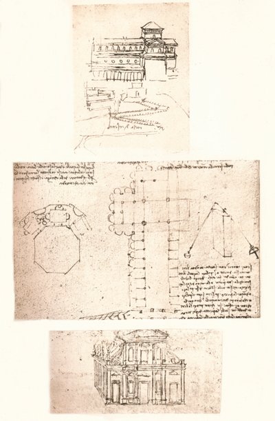 Drie tekeningen van kerken, ca. 1472-ca. 1519 1883 door Leonardo da Vinci