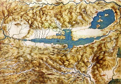 Topografisch uitzicht op het platteland rond de vlakte van Arezzo en de Val di Chiana, begin 16e eeuw door Leonardo da Vinci