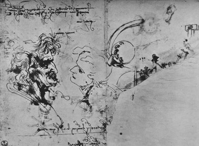 Twee profielen en studies van machines, ca. 1480 1945 door Leonardo da Vinci